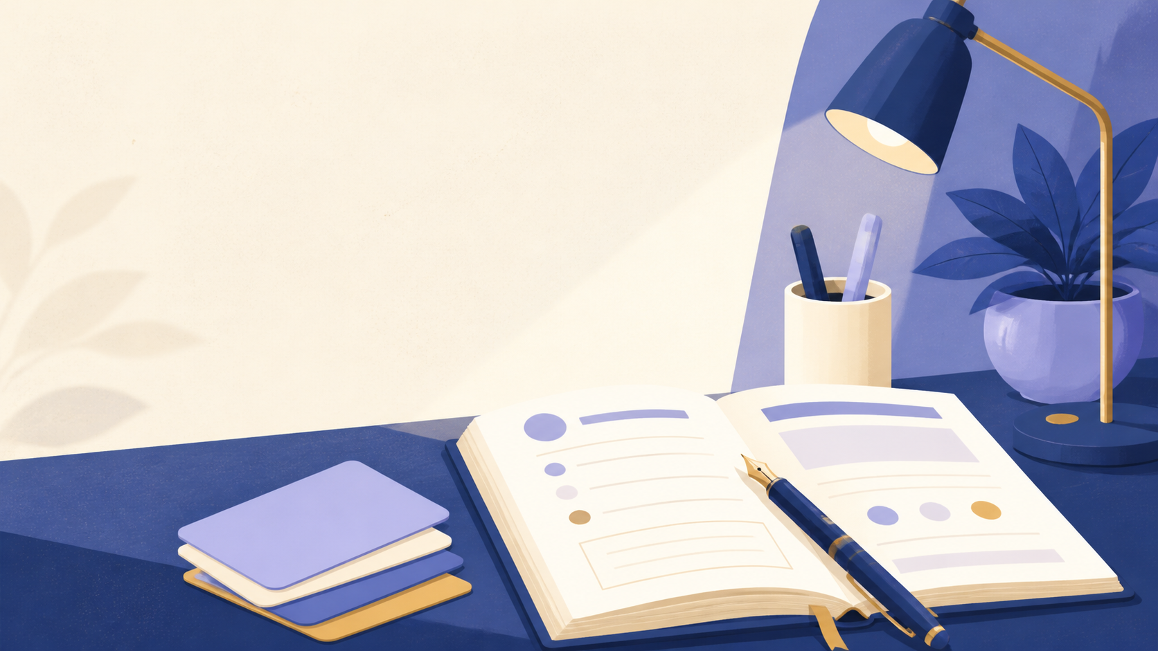 A calm English grammar study desk with an open notebook and sentence planning cards.