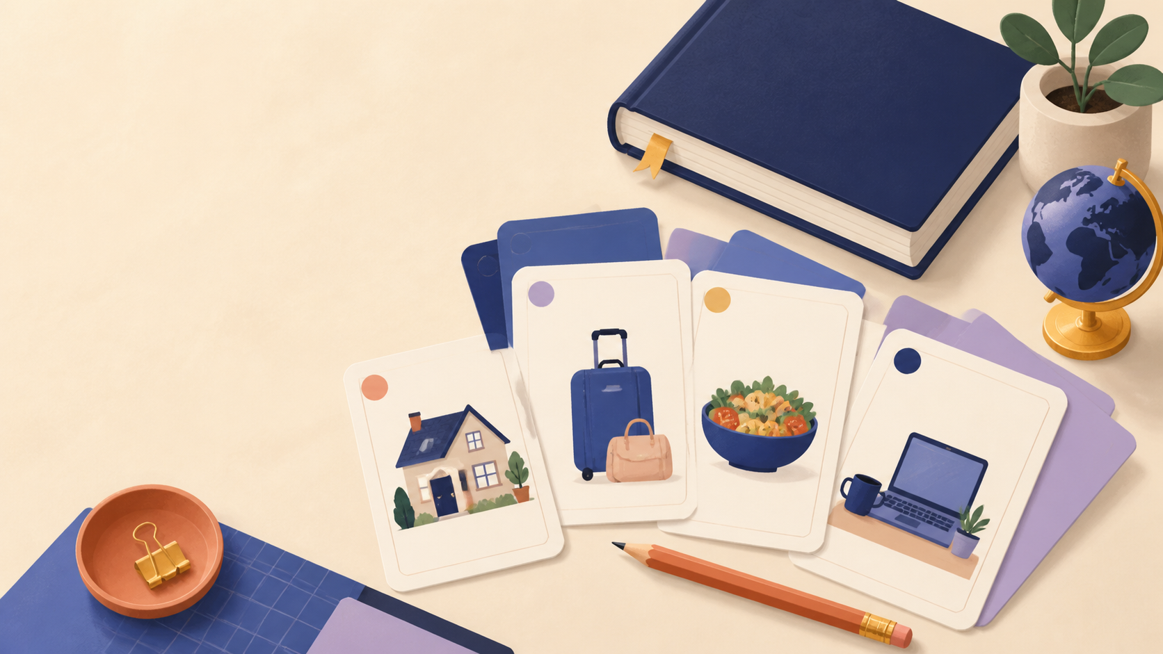 Blank vocabulary cards showing everyday home, travel, food, and work objects.