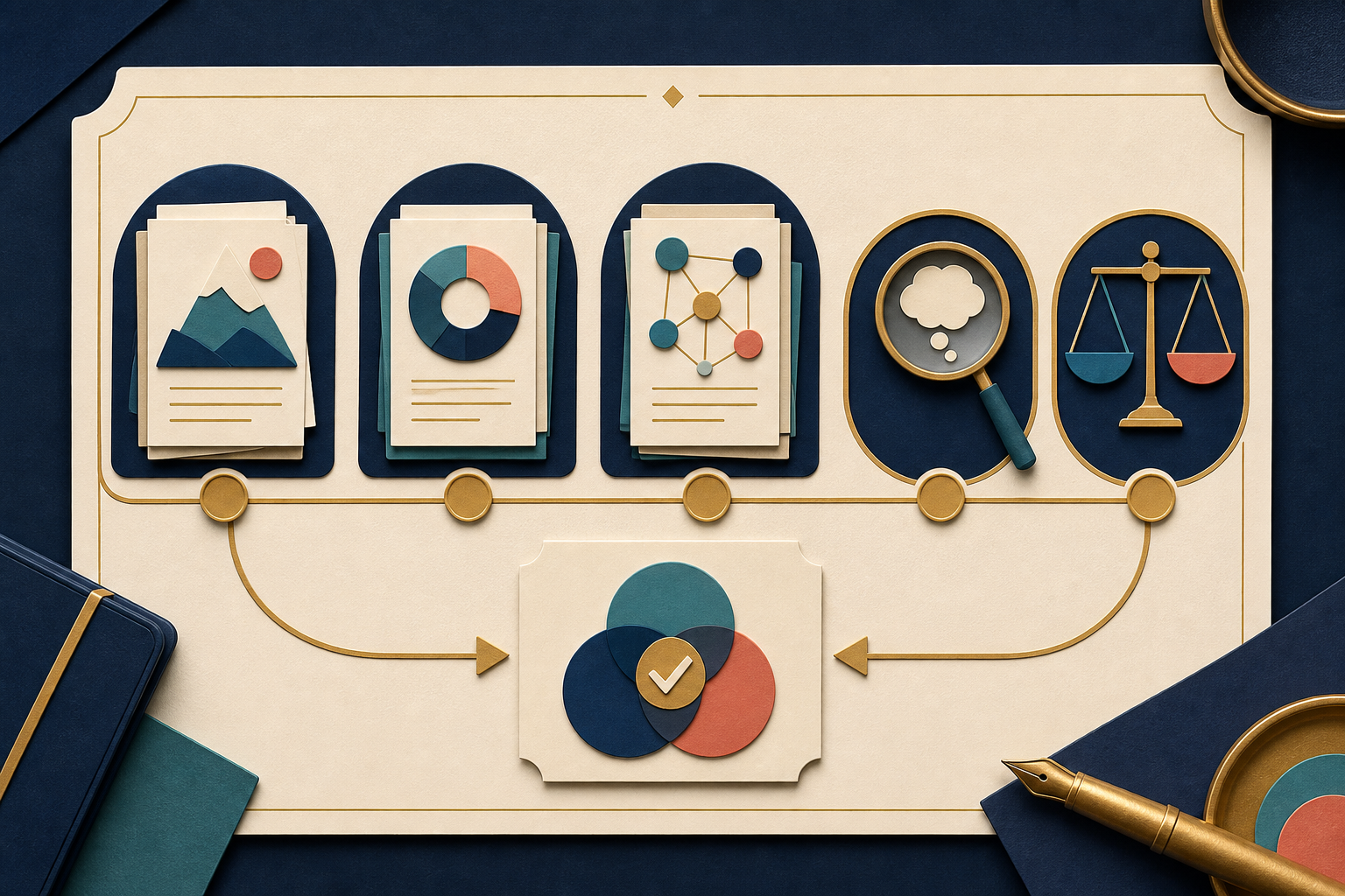 Three complex source documents converge into a balanced, evidence-based synthesis.